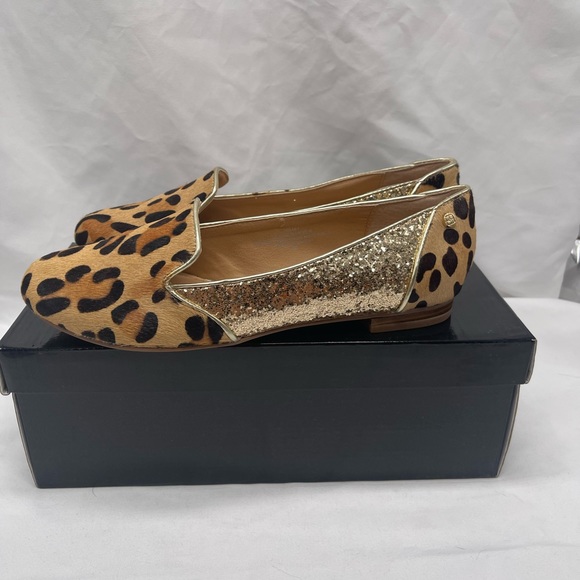 IMAN NWB 7 Calf Hair Gold Glitter Leopard Cheetah Animal Flats Shoes Loafer - Picture 4 of 7